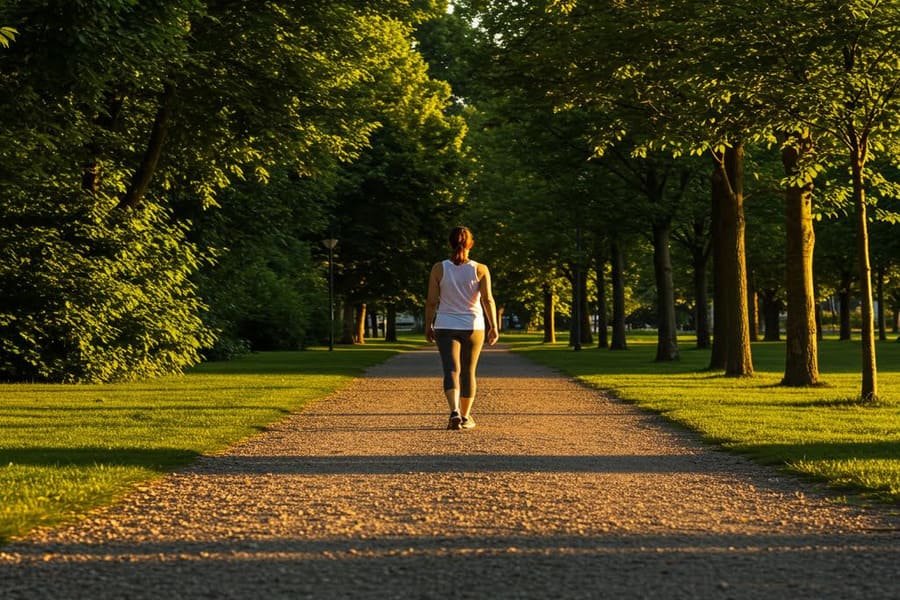 Pessoa caminhando sozinha em parque no fim da tarde, com luz suave e natureza ao redor.
