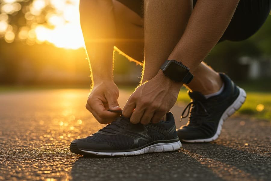 Homem amarrando o tênis ao amanhecer, prestes a correr, com luz dourada e expressão serena.