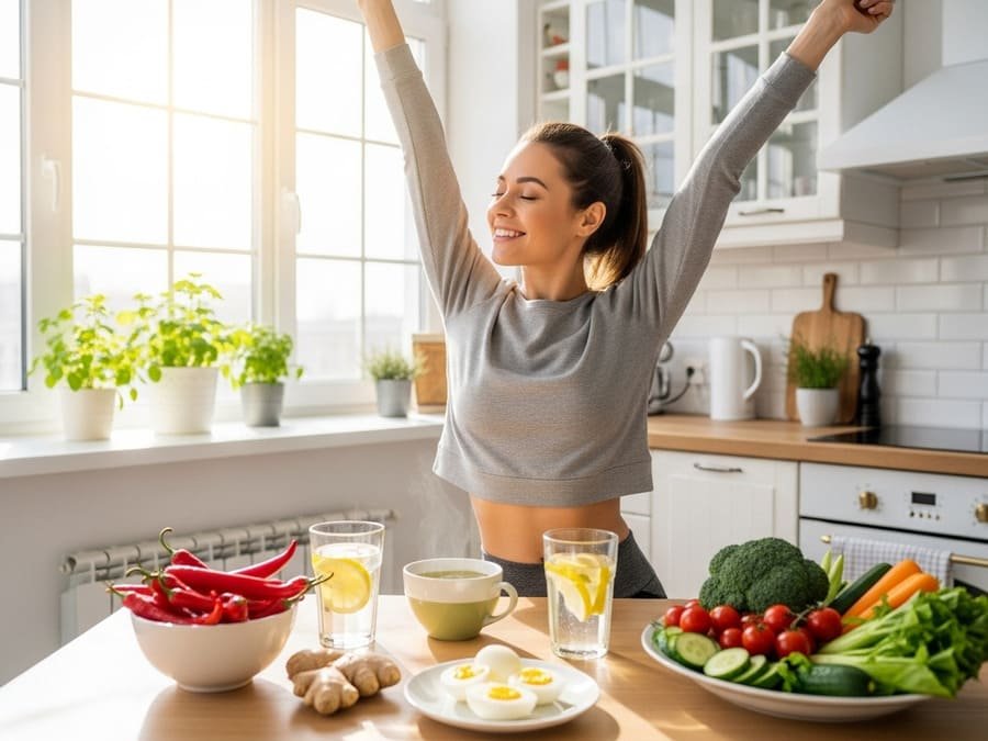 Mulher sorridente ao lado de uma mesa com alimentos que aceleram o metabolismo, como pimenta, gengibre, chá verde e ovo cozido.