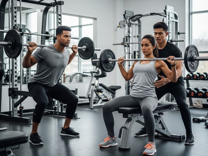 Homem e mulher fazendo musculação com postura correta em academia moderna, representando treino eficiente e focado.