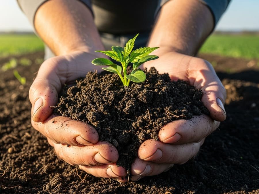 Mãos de agricultor segurando terra fértil e escura com uma muda verde brotando.