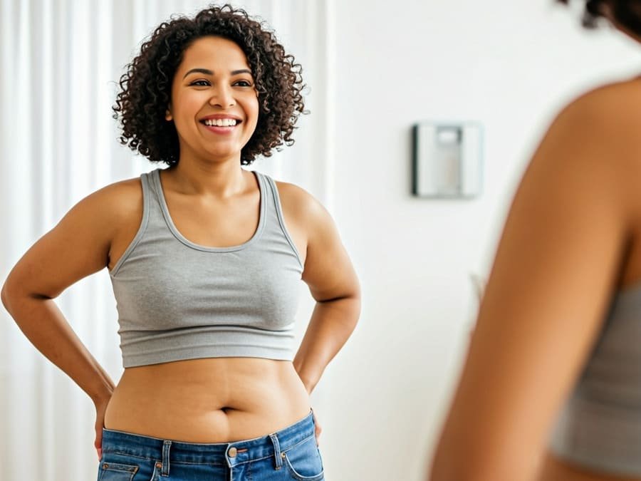 Erros que impedem o emagrecimento. Pessoa sorrindo ao experimentar uma calça antiga que agora serve, com a balança desfocada ao fundo.