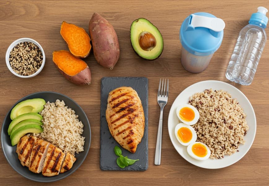 Prato com frango grelhado, arroz integral, batata-doce, abacate e ovos, com shake de proteína e garrafa de água — exemplo de refeição para quem treina.