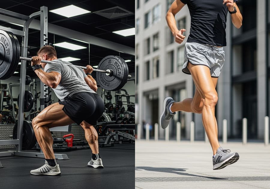 Comparação visual entre pernas musculosas durante um agachamento e pernas tonificadas em movimento de corrida.