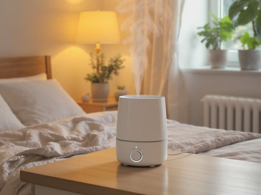 Quarto com iluminação suave e umidificador soltando névoa fina, criando um ambiente mais agradável.