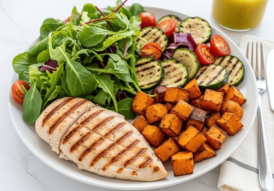 alimentos com poucas calorias. refeições principais, use a estratégia do "prato colorido": preencha metade do seu prato com saladas e vegetais de baixa caloria, um quarto com proteína magra e o último quarto com carboidratos complexos