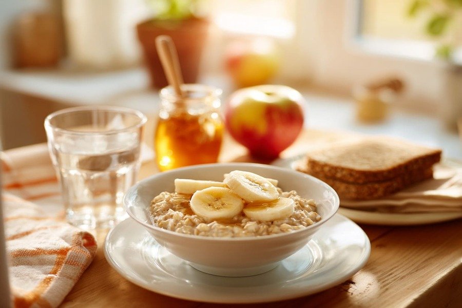 Mesa de café da manhã com aveia, banana, pão integral e frutas — sugestões práticas para antes da corrida.
