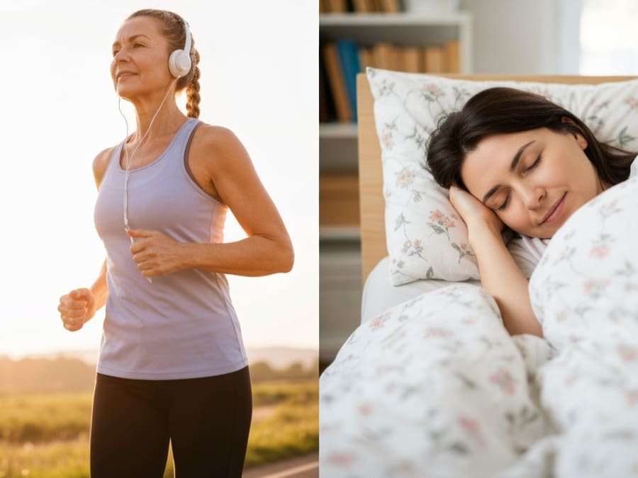Montagem com pessoa correndo ao ar livre e outra dormindo tranquilamente, simbolizando hábitos que apoiam o metabolismo.
