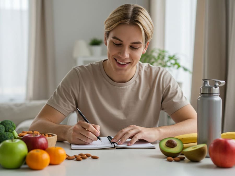 Erros que impedem o emagrecimento. Pessoa escrevendo metas em um caderno, cercada por lanches saudáveis e um ambiente calmo.