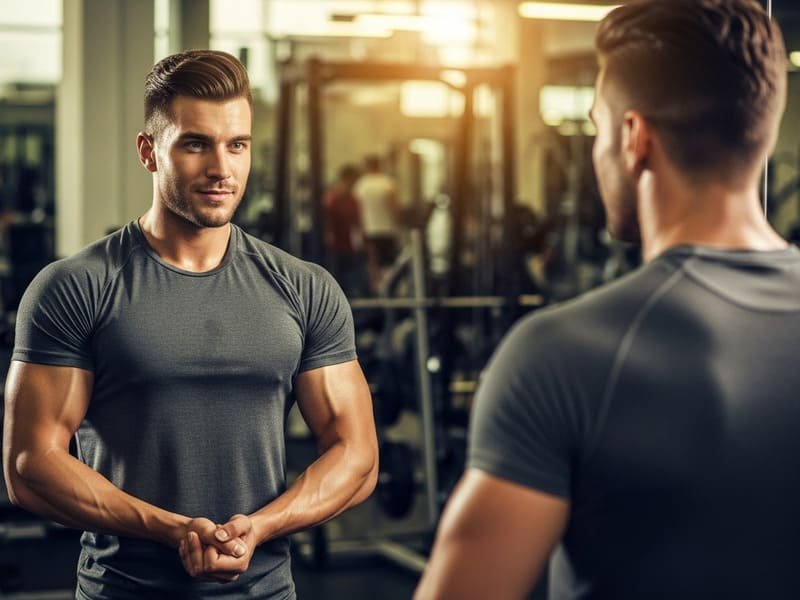 Homem confiante olhando no espelho da academia após o treino, com músculos definidos, representando resultado de esforço constante.