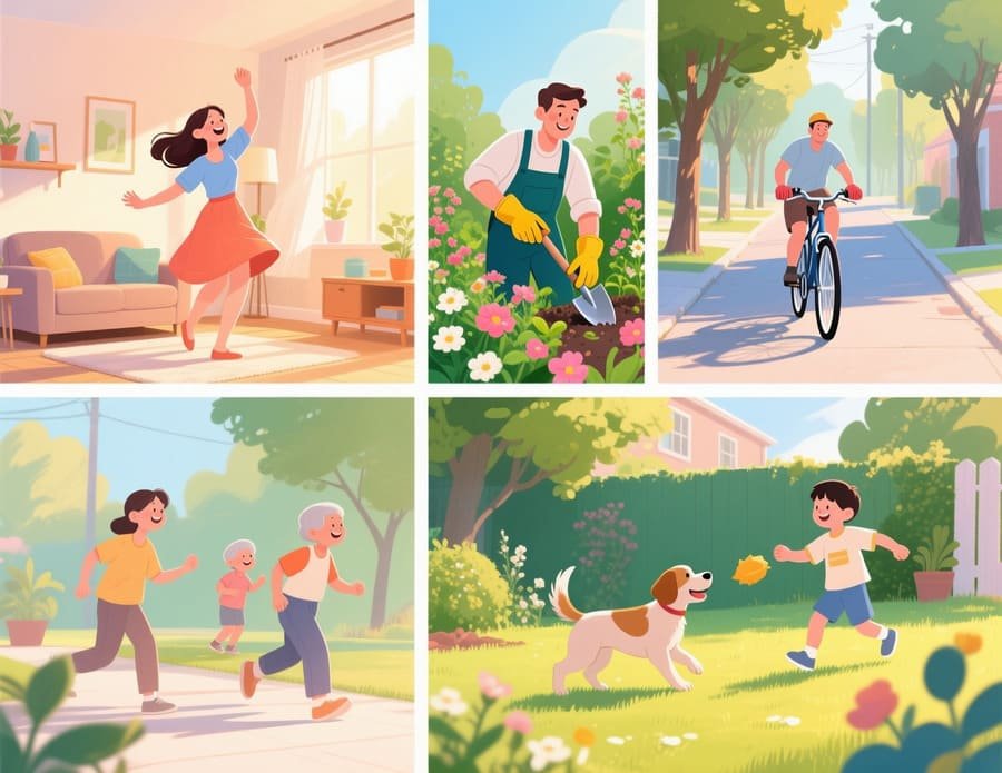 3 horas de exercício por semana. Montagem com pessoas dançando, cuidando do jardim, andando de bicicleta e brincando com cachorro ao ar livre.