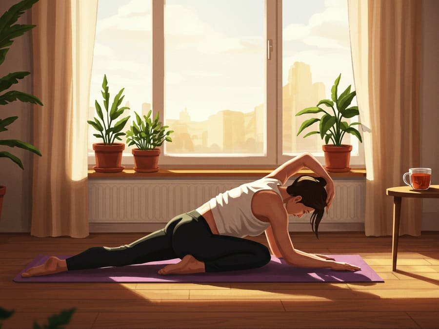 Pessoa fazendo alongamento ou meditação em casa, perto da janela com luz natural suave e ambiente acolhedor.