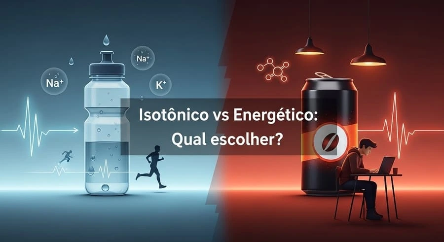 Imagem dividida ao meio comparando um frasco de isotônico em tons frios (hidratação e eletrólitos) e uma lata de energético em tons quentes (cafeína e foco).