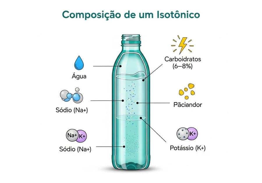 Infográfico com frasco de isotônico ao centro e setas explicando água, sódio, potássio, carboidratos (6–8%) e vitaminas.