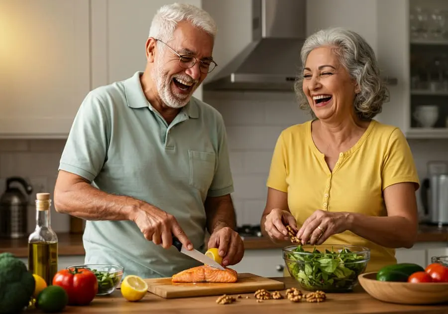 Casal de idosos sorrindo enquanto cozinham juntos em uma cozinha clara, com salmão e oleaginosas na bancada, representando o conceito de alimentação e longevidade saudável.