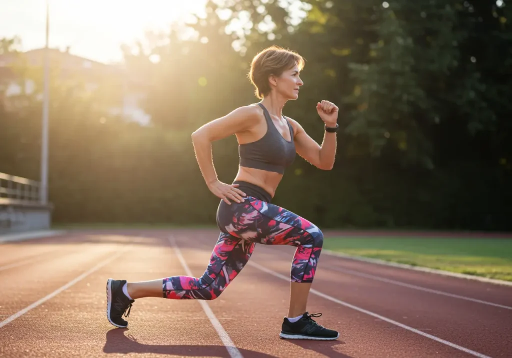 Mulher executando um afundo com caminhada em uma pista de corrida, exemplificando um exercício de aquecimento dinâmico.