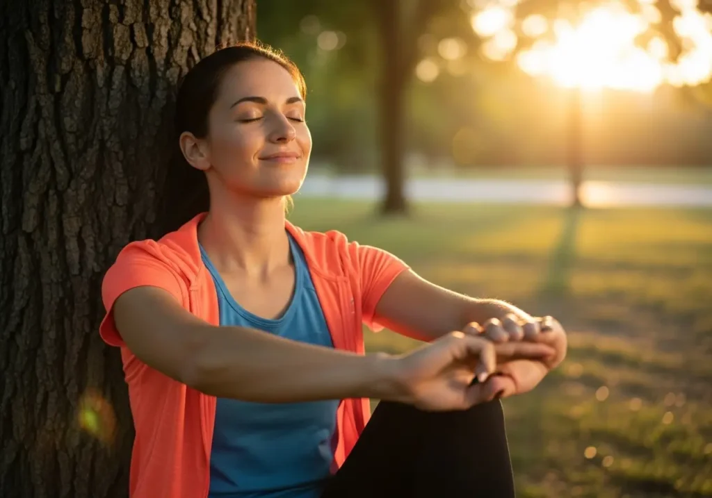 Corredora fazendo um alongamento estático de forma relaxada após o treino, encostada em uma árvore ao pôr do sol.