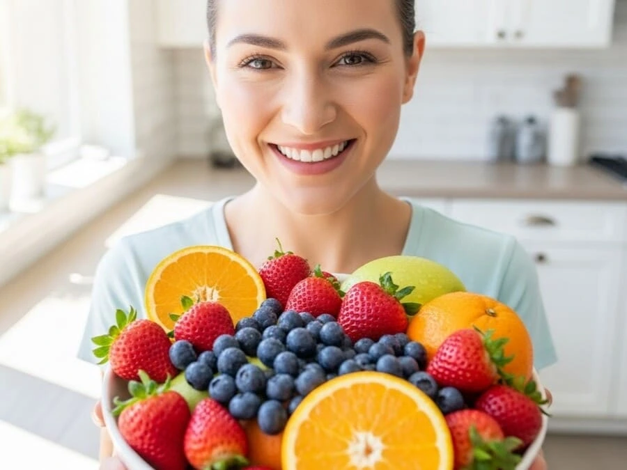Pessoa feliz segurando frutas frescas em uma cozinha iluminada, representando saúde e bem-estar ao parar de consumir açúcar.