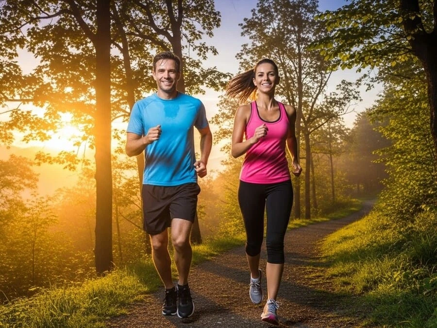 parar de comer açúcar. Casal correndo ao ar livre durante o nascer do sol, simbolizando energia, vitalidade e bem-estar após parar de consumir açúcar.