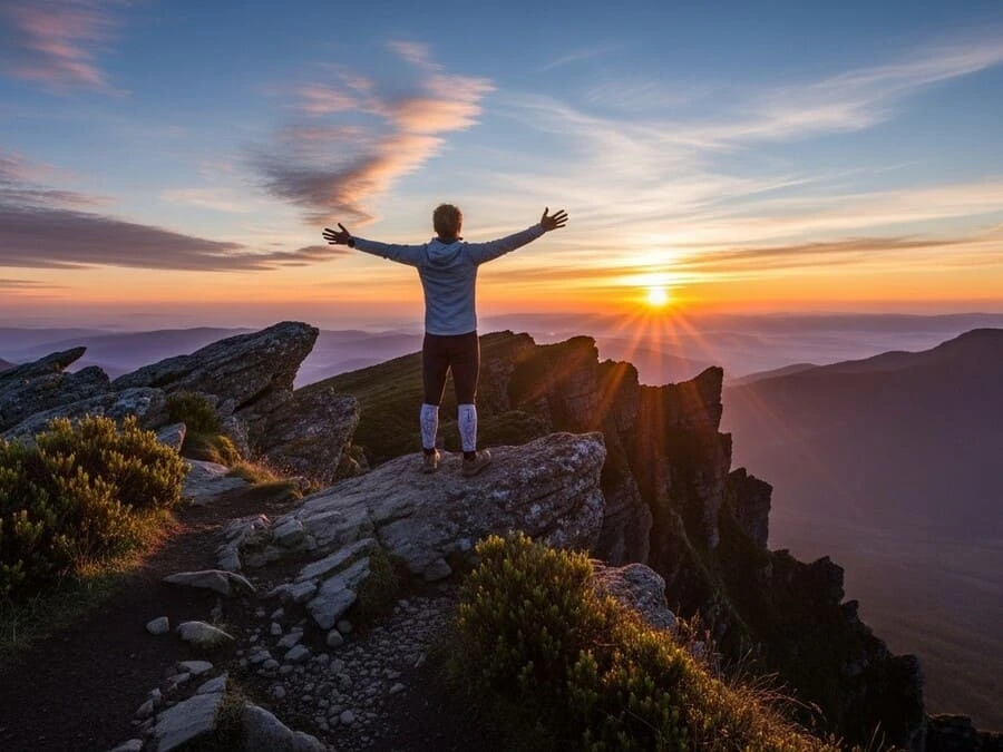 Pessoa de braços abertos em um penhasco, olhando para o nascer do sol, representando liberdade, transformação e saúde após eliminar o açúcar da rotina.