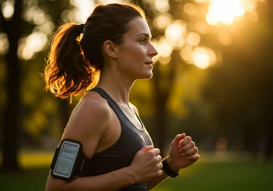 Corredora com expressão focada correndo em um parque ao pôr do sol, ilustrando a respiração correta e eficiente durante a corrida.
