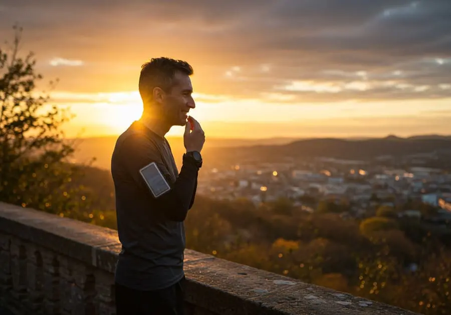 Como respirar correndo. Corredor satisfeito observando o nascer do sol após o treino, simbolizando os benefícios físicos e mentais de dominar a respiração na corrida.