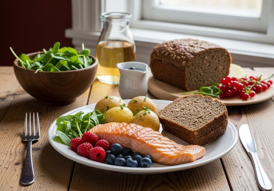 Prato com salmão grelhado, batatas cozidas, pão de centeio, frutas vermelhas e folhas verdes, sobre mesa de madeira rústica.