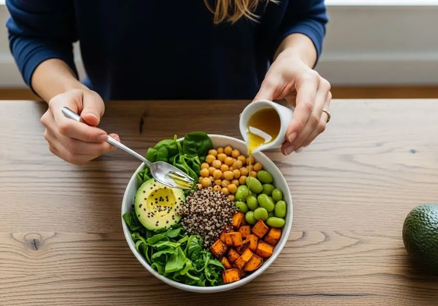 Mãos de uma mulher montando uma tigela de salada colorida e saudável, simbolizando as escolhas alimentares conscientes que surgem com a prática de exercícios.