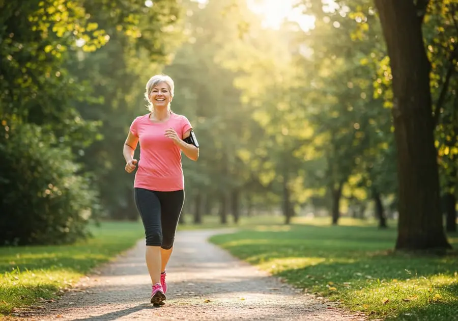 Mulher de meia-idade correndo de forma tranquila e feliz em um parque, representando o exercício aeróbico como catalisador das mudanças nos hábitos alimentares.