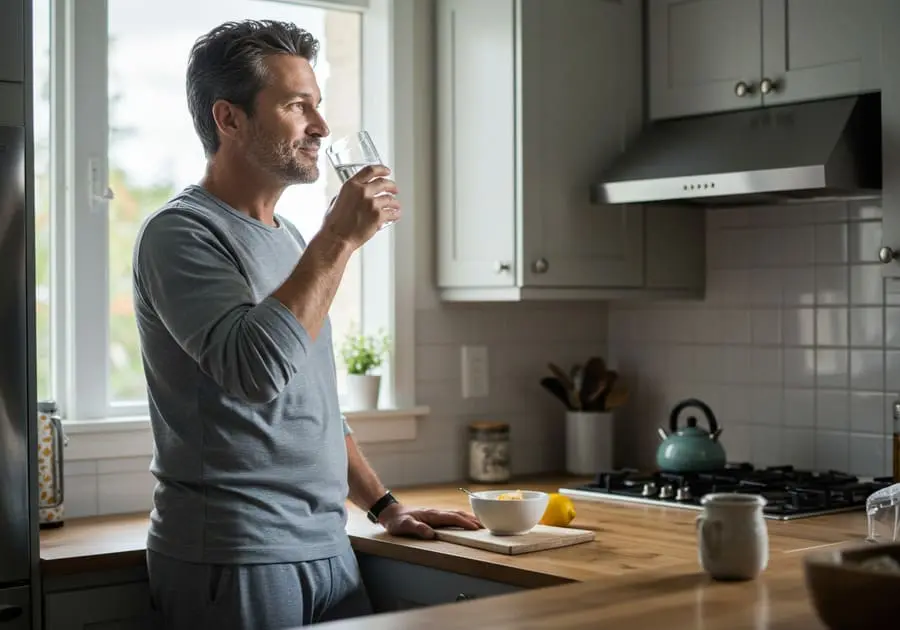 Homem com aparência saudável e contente em sua cozinha pela manhã, simbolizando o bem-estar e o equilíbrio alcançados através da conexão entre exercício e alimentação.