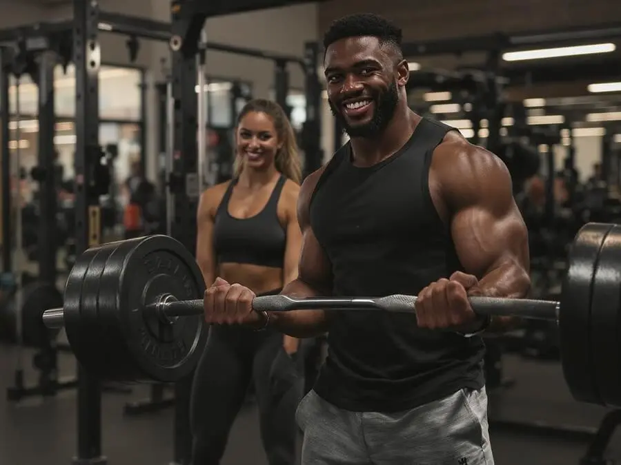 Um homem musculoso sorrindo enquanto segura uma barra com pesos em uma academia moderna, vestindo uma regata preta e calças cinza. Ao fundo, uma mulher sorridente em roupas de ginástica observa, com equipamentos de musculação visíveis ao redor.