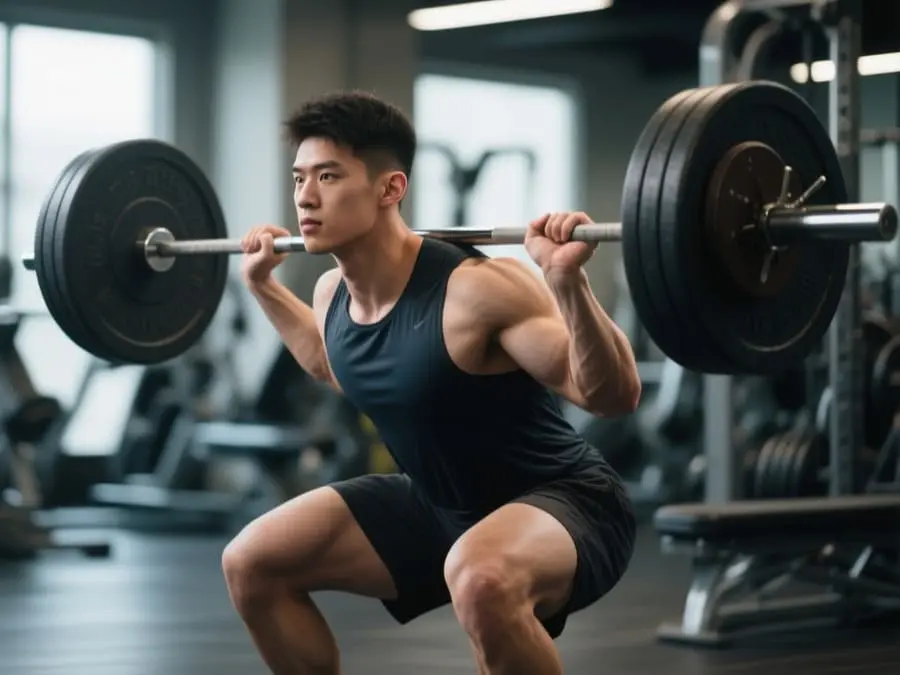 ganho de massa muscular. Um homem asiático musculoso em posição de agachamento com uma barra pesada sobre os ombros, vestindo regata e shorts pretos, com expressão focada, em um ambiente de academia com equipamentos ao fundo.