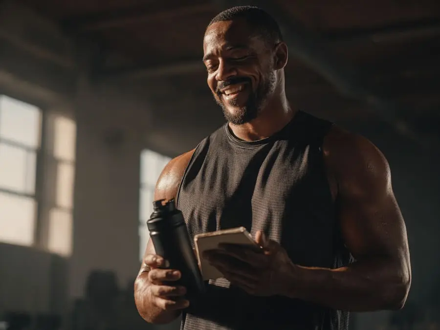 ganho de massa muscular. Um homem musculoso em uma academia com iluminação suave, vestindo regata preta, segurando uma garrafa shaker preta na mão esquerda e um smartphone na direita, exibindo um sorriso satisfeito, com janelas ao fundo permitindo a entrada de luz natural.