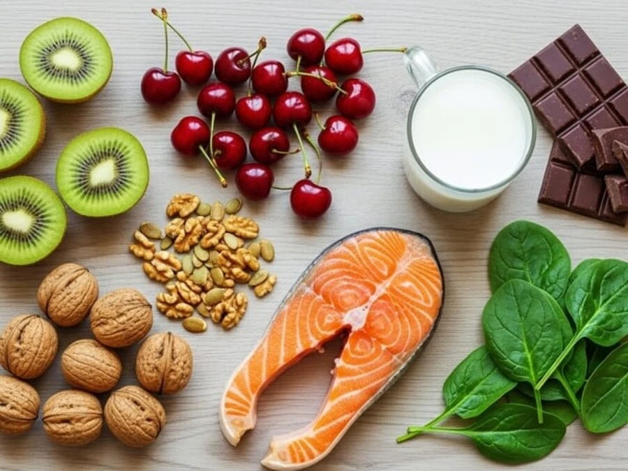 alimentos que ajudam a dormir melhor. Vista de cima com kiwi, cerejas, nozes, sementes de abóbora, filé de salmão, espinafre, leite e chocolate amargo dispostos em uma mesa de madeira.