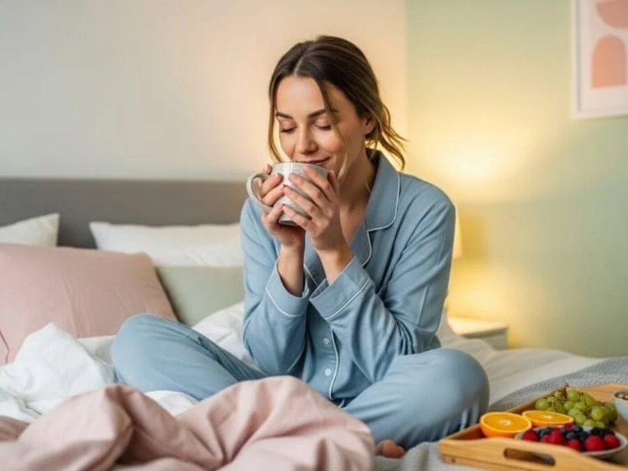 Mulher de pijama, sentada na cama, tomando chá calmante em um quarto iluminado com luz suave e decoração aconchegante.