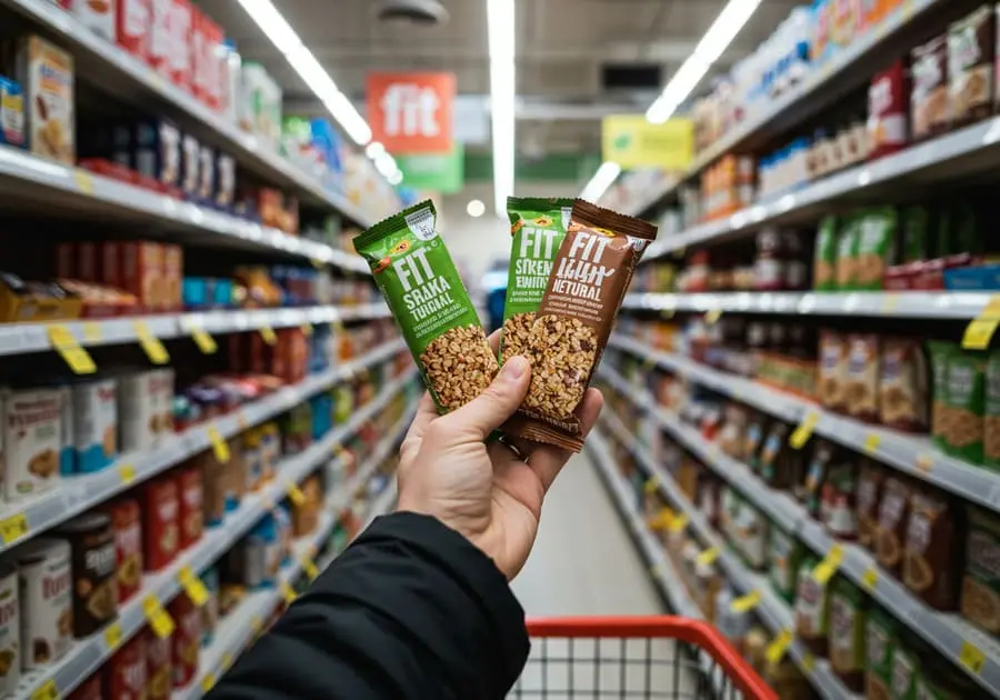 Pessoa no corredor de um supermercado, segurando e comparando os rótulos de dois alimentos que parecem fit, simbolizando a confusão na hora de escolher produtos saudáveis.