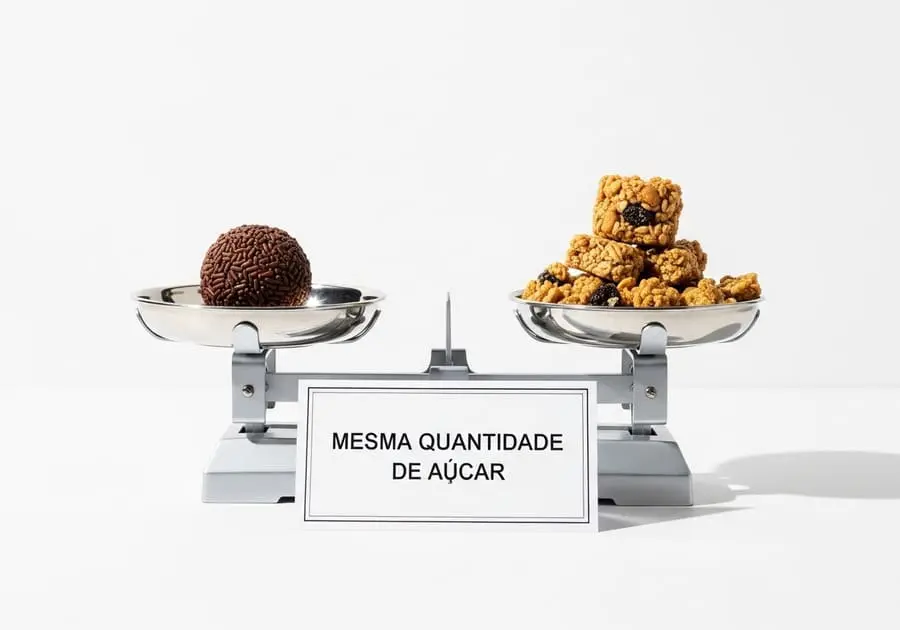 Alimentos que parecem fit mas não são. Balança de cozinha equilibrada, mostrando um brigadeiro de um lado e uma barra de cereal esfarelada do outro, com uma placa indicando que ambos têm a mesma quantidade de açúcar.