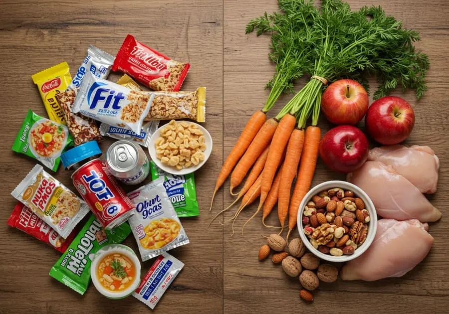 Alimentos que parecem fit mas não são. Composição de mesa vista de cima, contrastando uma pilha de alimentos ultraprocessados e embalados com uma seleção organizada de comida de verdade, como frutas, vegetais e castanhas.