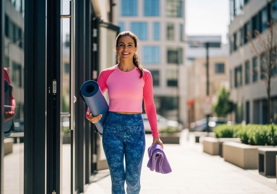 Mulher sorridente saindo da academia com um tapete de Pilates e toalha na mão, representando bem-estar, equilíbrio e confiança.