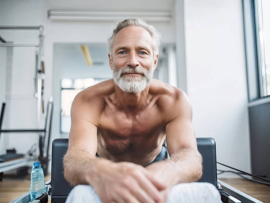 Tenista mais velho fazendo Pilates em aparelho reformer, mostrando preparo físico e longevidade esportiva.