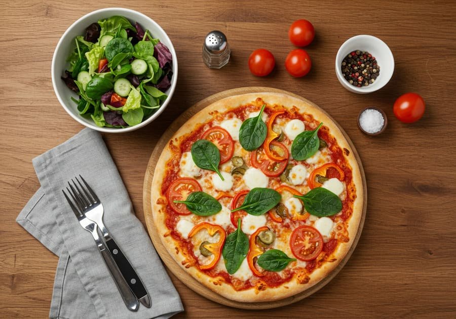 Pizza caseira com massa fina, coberta por vegetais frescos e uma salada ao lado em um cenário aconchegante.