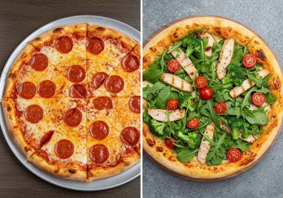 Como comer pizza sem culpa. Imagem comparativa de duas pizzas: uma calórica, com muito queijo e pepperoni, e outra saudável, com massa fina, frango, brócolis e rúcula.