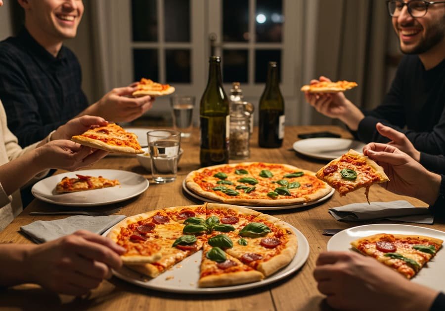 Como comer pizza sem culpa. Grupo de amigos sorrindo à mesa, comendo pizza leve com massa fina e vegetais, em um ambiente aconchegante.
