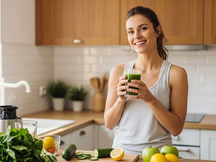 Mulher saudável e sorridente segurando um copo de suco verde em uma cozinha iluminada com frutas e vegetais frescos ao fundo.