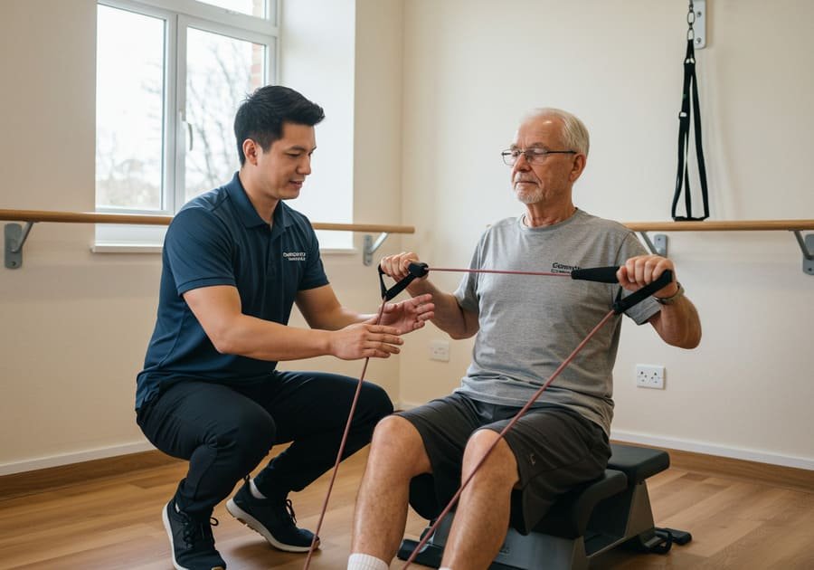 Personal trainer auxiliando um senhor idoso em um exercício com elástico, demonstrando a adaptabilidade e segurança do treinamento funcional para todas as idades.