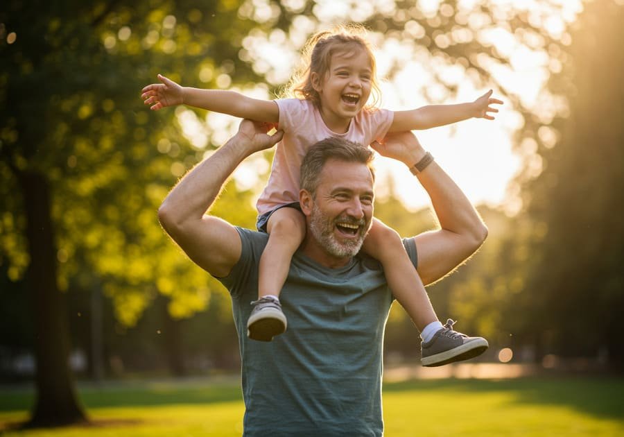 Pai sorrindo enquanto levanta sua filha pequena nos ombros em um parque ensolarado, mostrando a força funcional aplicada aos momentos felizes da vida real.