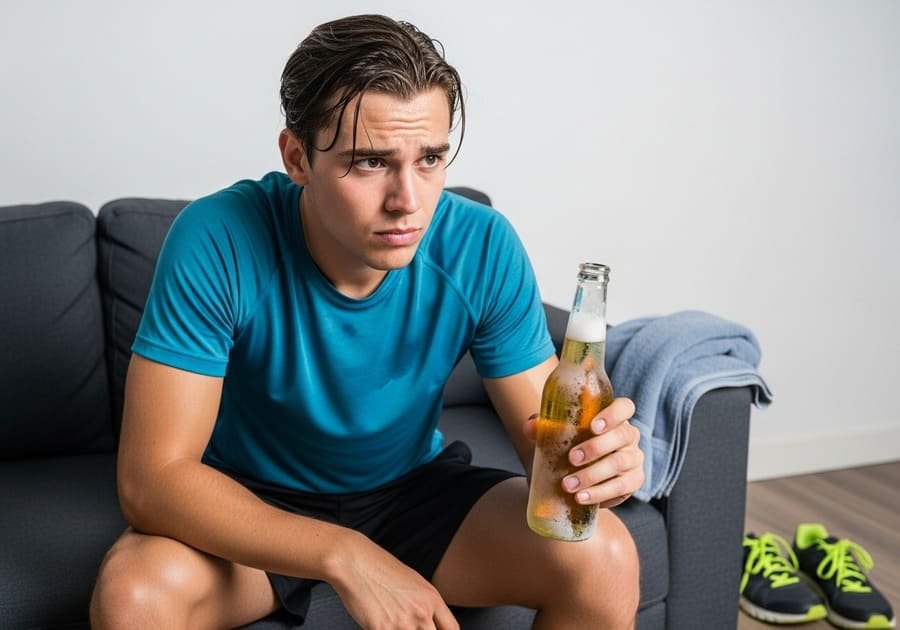 Pessoa em roupa de treino olhando com dúvida para uma cerveja na mão após se exercitar.