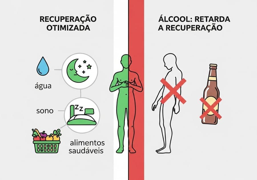 Gráfico comparativo entre boa recuperação com hábitos saudáveis e impacto negativo do álcool no corpo.