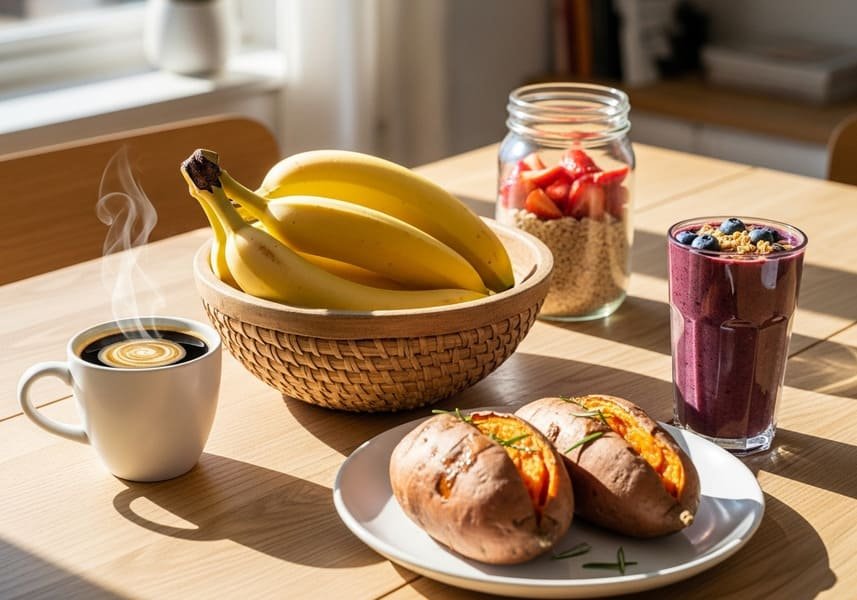 Mesa com banana, batata-doce, aveia com frutas, açaí e café, alimentos que aumentam a energia para treinar.