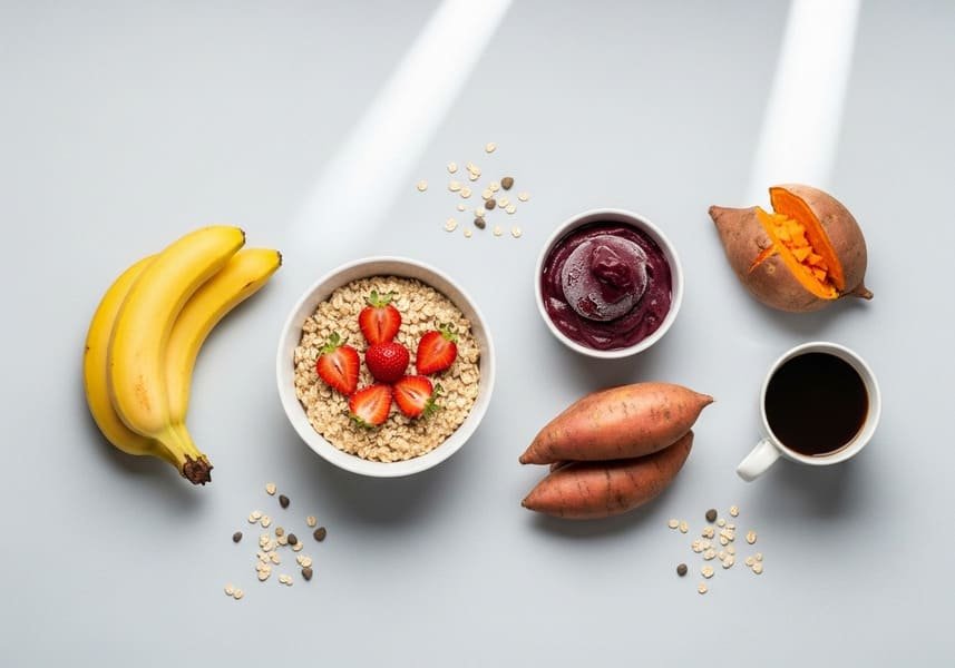 Alimentação pré-treino. Banana, aveia, batata-doce, Iogurte Grego e café, alimentos que fornecem energia antes do treino.
